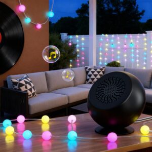 Portable Speaker with String Lights - Dual Pairing Portable Outdoor IP44 Water-Resistant Mini Speaker, LED Color Changing Fairy Lights for Party, Garden, Patio, Bedroom, Decorations